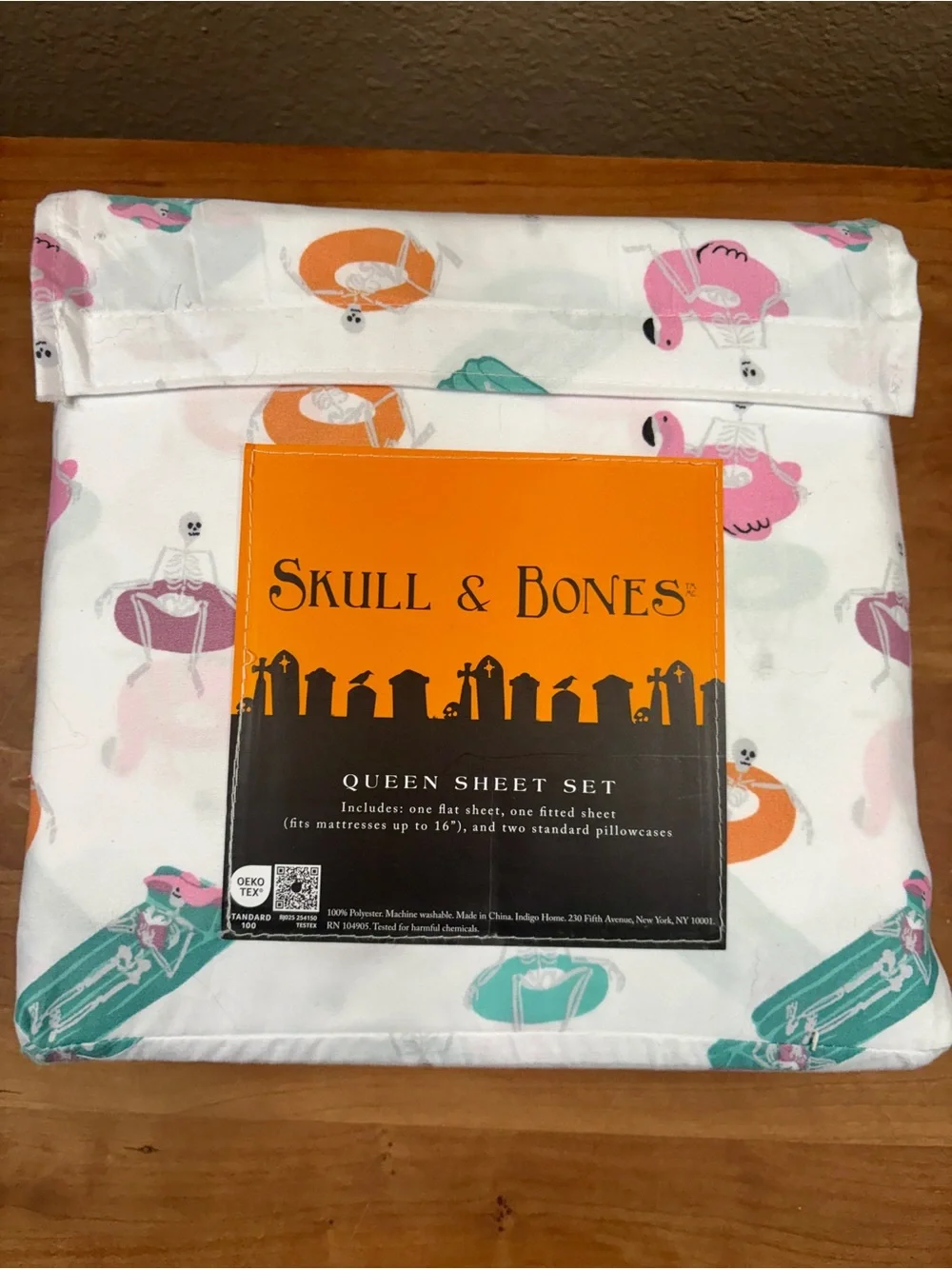 Halloween Skull & Bones Skeleton Pool Party Queen 4-Piece Sheet Set, NEW